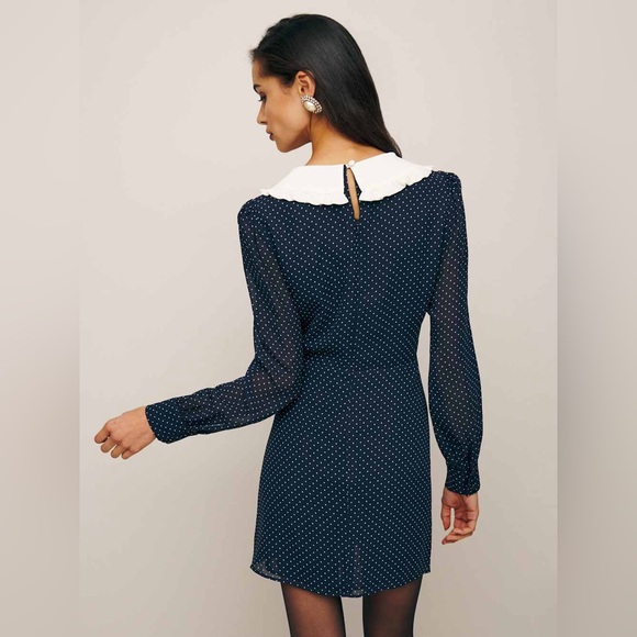NWT Reformation Edalene dress Navy Polka Dot Dress with White Collar bow 10 M L - Picture 4 of 11